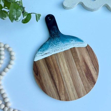 Small Acacia serving board with unique ocean resin wave design, 6x8 inches, gift-ready, customizable with engraving, handmade by TalkingThyme