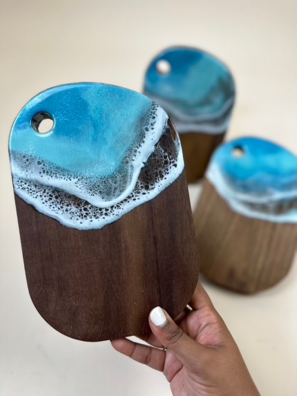 Small walnut serving board with unique ocean resin wave design, 5x8 inches, gift-ready, customizable with engraving, handmade by TalkingThyme.