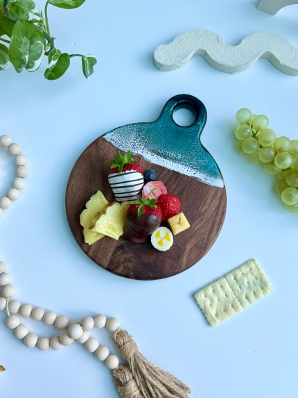TalkingThyme 6-inch by 8-inch mini cheese board with ocean resin art, customizable with engraving, perfect for gifting and serving.