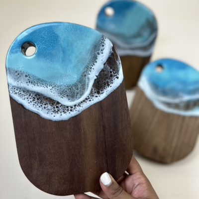 Small walnut serving board with unique ocean resin wave design, 5x8 inches, gift-ready, customizable with engraving, handmade by TalkingThyme.